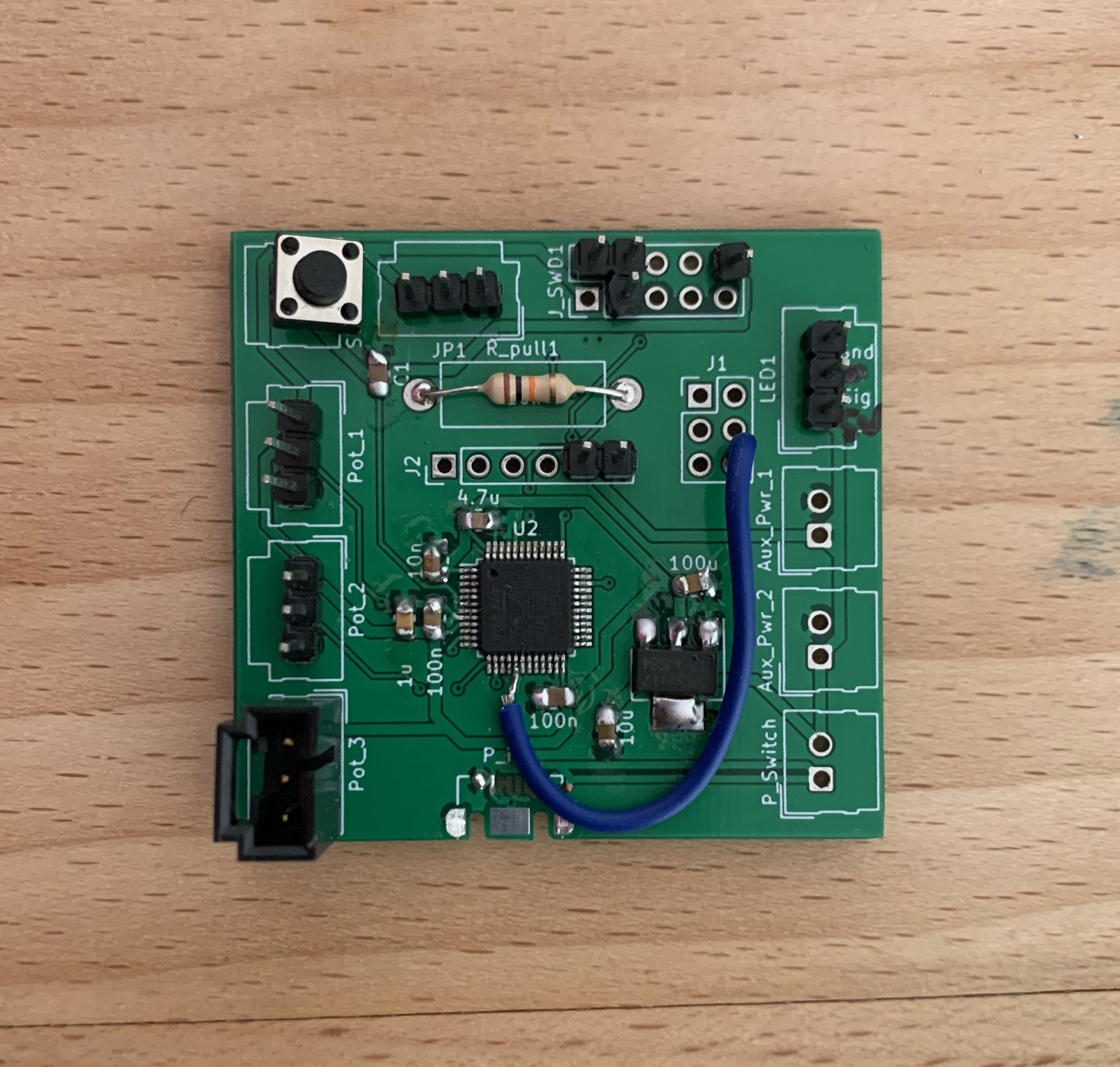 he final board I used. I added the two headers to J2 for breadboard supplied 5V. I was trying to get fancy with the programming headers, but I wouldn’t do it again. Also I ran out of Molex headers and went with basic 0.1 inch ones to get the job done.